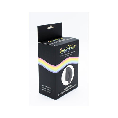 Packaging box of Gender Fluid Equipped Soft 5-inch Dark Brown Packer with rainbow design on black background