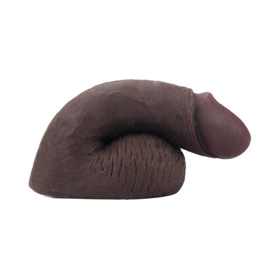 Dark brown 5-inch soft packer with realistic texture and circumcised head designed for gender fluid wear.
