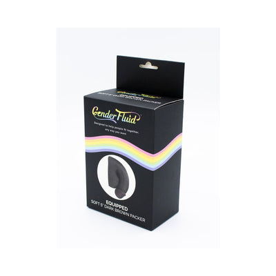Packaging box for Gender Fluid Equipped Soft 5-inch Dark Brown Packer with rainbow stripe design on black background.