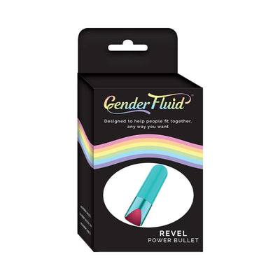 Packaging of Gender Fluid Revel Power Bullet in matte aqua with pink tip, featuring rainbow design and product branding.