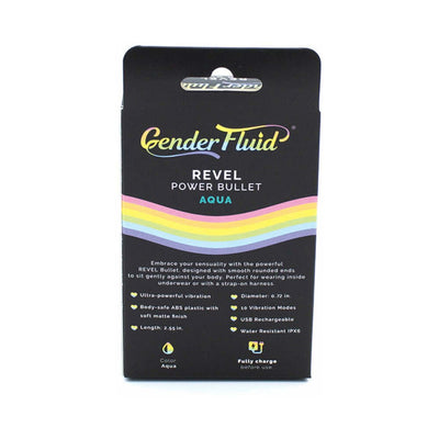 Packaging of Gender Fluid Revel Power Bullet Aqua with product features and rainbow design accents on black background.