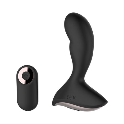 Black silicone gender fluid rumble anal vibe with ergonomic shape and matching remote control.