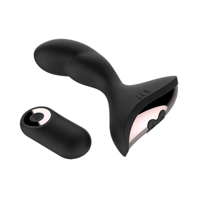 Black silicone anal vibrator with curved design and matching remote control on white background.