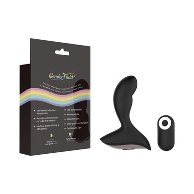 Black silicone Gender Fluid Rumble Anal Vibe with curved design, wireless remote, and packaging with rainbow stripe.