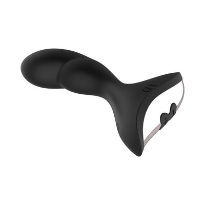 Black silicone anal vibrator with ergonomic shape and remote control, designed for versatile pleasure and easy handling.