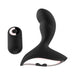Black silicone curved anal vibe with ergonomic base and matching remote control with power button.