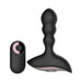 Black silicone anal vibrator with ergonomic base and matching remote control on white background.