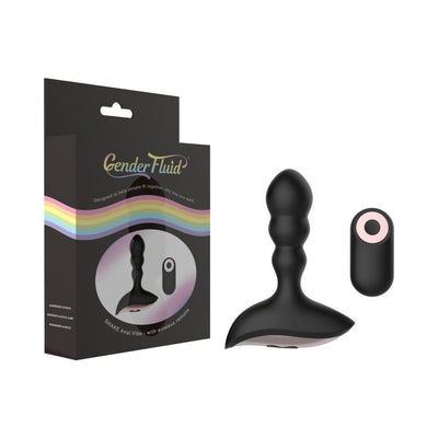 Black silicone anal vibrator with remote control and packaging featuring a rainbow design and Gender Fluid branding.