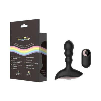 Black silicone anal vibrator with remote control and packaging featuring rainbow design and product features.