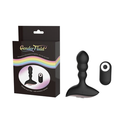 Black silicone anal vibe with wireless remote and packaging featuring rainbow design and Gender Fluid branding.