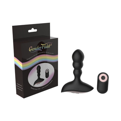 Black silicone anal vibe with wireless remote and Gender Fluid branded packaging featuring a rainbow stripe design.