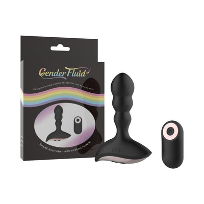 Black silicone anal vibrator with ergonomic shape and wireless remote, displayed with packaging featuring a rainbow design.