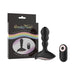 Black silicone anal vibrator with ergonomic shape and wireless remote, displayed with packaging featuring a rainbow design.