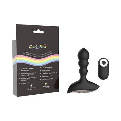 Black silicone anal vibrator with remote control and packaging featuring rainbow design and product details.