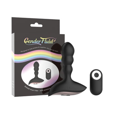Black silicone anal vibrator with remote control and packaging featuring a rainbow design and Gender Fluid branding.