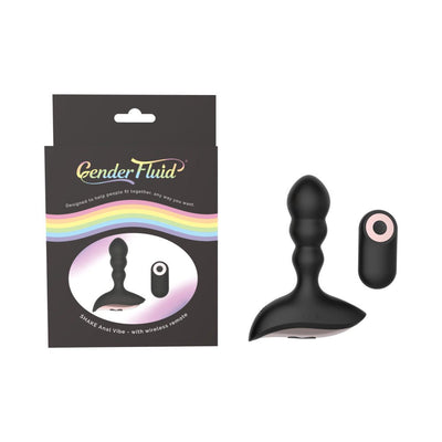 Black silicone Gender Fluid Shake anal vibe with curved base and matching wireless remote beside its packaging box.