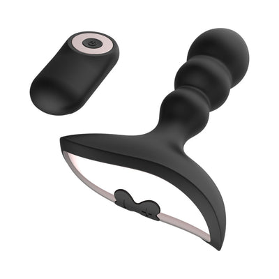 Black silicone anal vibrator with remote control and ergonomic handle, featuring a textured, beaded design.