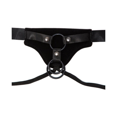 Black Gender Fluid Skylar strap-on harness with adjustable straps and metal ring attachments.