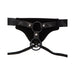 Black Gender Fluid Skylar strap-on harness with adjustable straps and metal ring attachments.