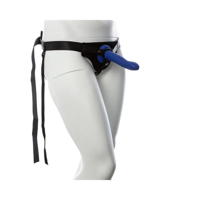Black adjustable strap-on harness with blue silicone attachment displayed on a white mannequin.