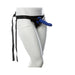 Black adjustable strap-on harness with blue silicone attachment displayed on a white mannequin.