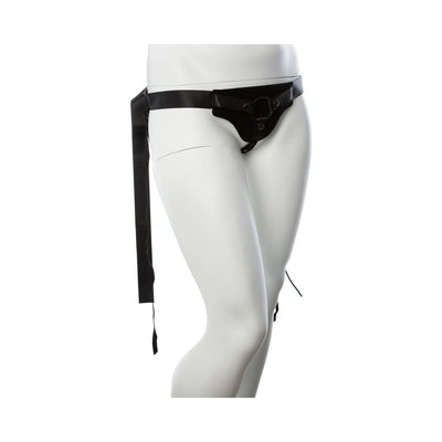 Black adjustable strap-on harness displayed on a white mannequin torso and legs.