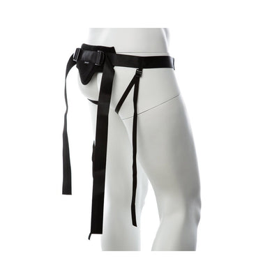 Black adjustable strap-on harness displayed on a white mannequin side view with long hanging straps.