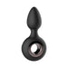 Black silicone anal plug with a circular ring base and smooth tapered tip, designed for versatile intimate use.