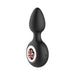 Black silicone anal plug with a rose gold metal ring and ergonomic tapered design.
