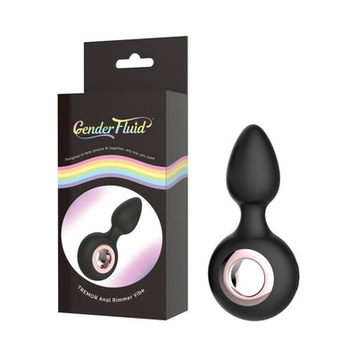 Black silicone Gender Fluid Tremor Ring Plug with rose metal ring, shown with its sleek black packaging featuring a rainbow stripe.