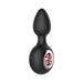 Black silicone anal plug with a rose gold metal ring and ergonomic shape for comfortable use.