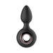Black silicone anal plug with a circular ring handle and smooth tapered tip for comfortable use.