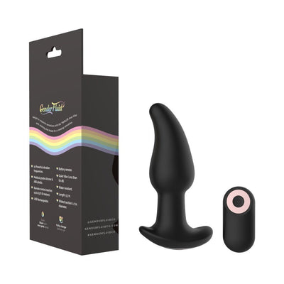 Black silicone Gender Fluid Twirler anal vibrator with curved shape and matching remote control beside packaging box.