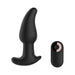 Black silicone curved anal plug with flared base and matching remote control on white background.