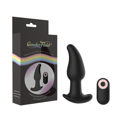 Black silicone twirler anal vibe with wireless remote and packaging featuring a rainbow design and Gender Fluid branding.