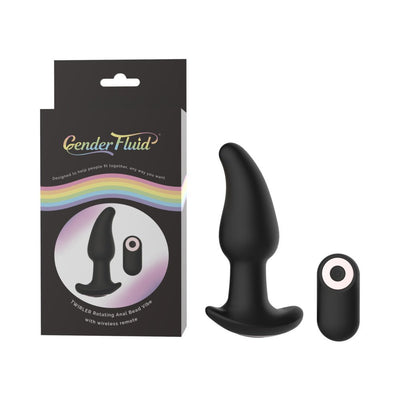 Black silicone Gender Fluid Twirler anal vibrator with wireless remote and packaging featuring rainbow design.