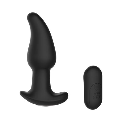 Black silicone anal vibrator with curved tip and remote control on white background.