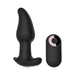 Black silicone anal vibrator with curved tip and matching remote control with power button.