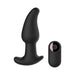 Black silicone anal vibrator with ergonomic curved tip and matching remote control on white background