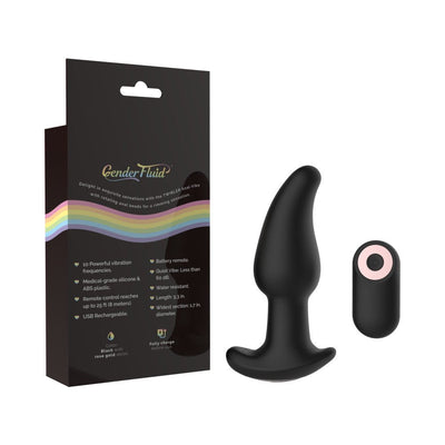 Black silicone Gender Fluid Twirler anal vibe with curved shape and matching remote control beside product packaging.