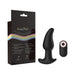 Black silicone Gender Fluid Twirler anal vibe with curved shape and matching remote control beside product packaging.