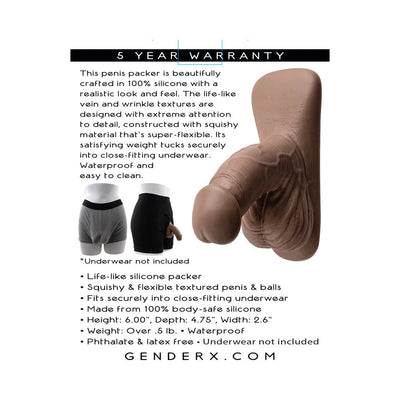 Realistic 4-inch silicone packer with textured veins and wrinkles, shown with close-fitting underwear examples, waterproof and flexible design.