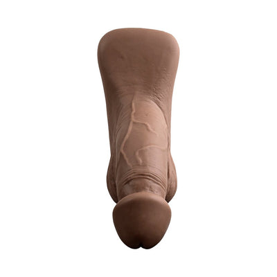 Realistic 4-inch silicone packer in brown with textured veins and wrinkles, designed for secure, comfortable wear.