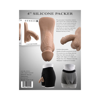 Gender X 4-inch realistic silicone packer with textured details shown with packaging and fitted in black and gray underwear.