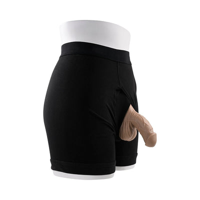 Black packer underwear with a realistic 4-inch silicone packer attached, shown on a white mannequin torso.