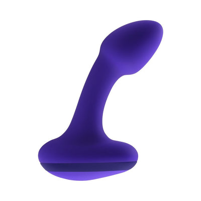 Purple silicone rechargeable plug with tapered tip and curved shaft, designed for comfort and stimulation.