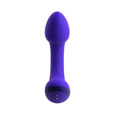 Purple silicone rechargeable plug with tapered tip and rounded base, designed for comfort and versatile stimulation.