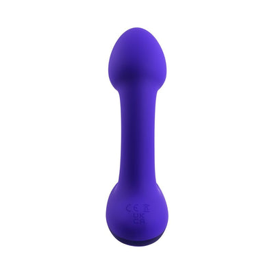 Purple silicone rechargeable plug with tapered head and rounded base for comfortable use.