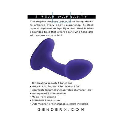 Purple silicone rechargeable plug with curved design and rounded base, featuring 10 vibration settings and waterproof build.