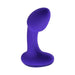 Purple silicone rechargeable plug with curved shaft and rounded base for comfortable and secure use.